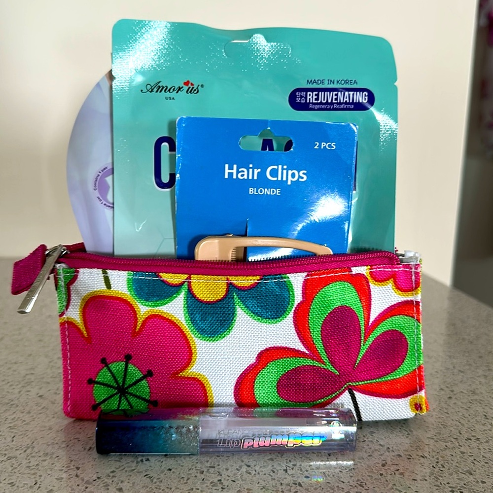 Clinique Pink and Green Floral Cosmetic Pouch - with 5 more pieces of goodies
